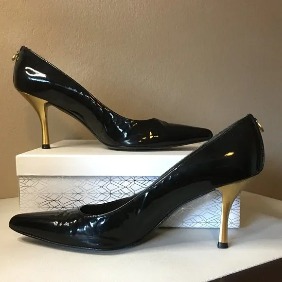 ST JOHN Black Soft Patent with Matte Gold Heel Pumps - Picture 2 of 15